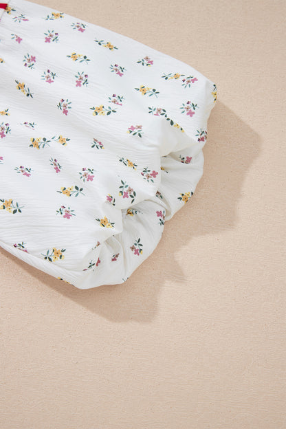 Striped Floral Patchwork Puff Sleeve Loose Casual Top