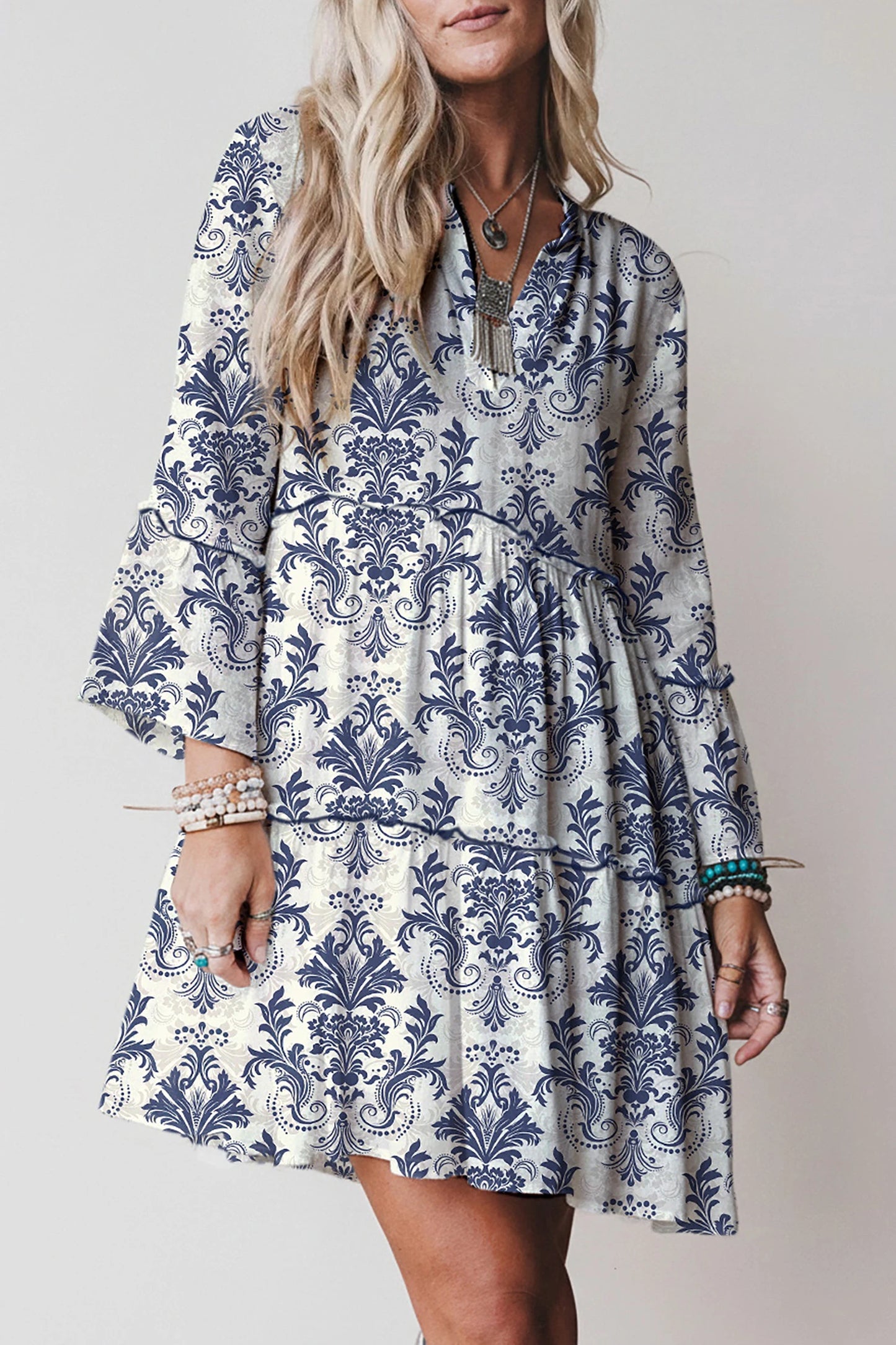 Blue Boho Floral Print Lettuce Trim 3/4 Sleeve Mini Dress