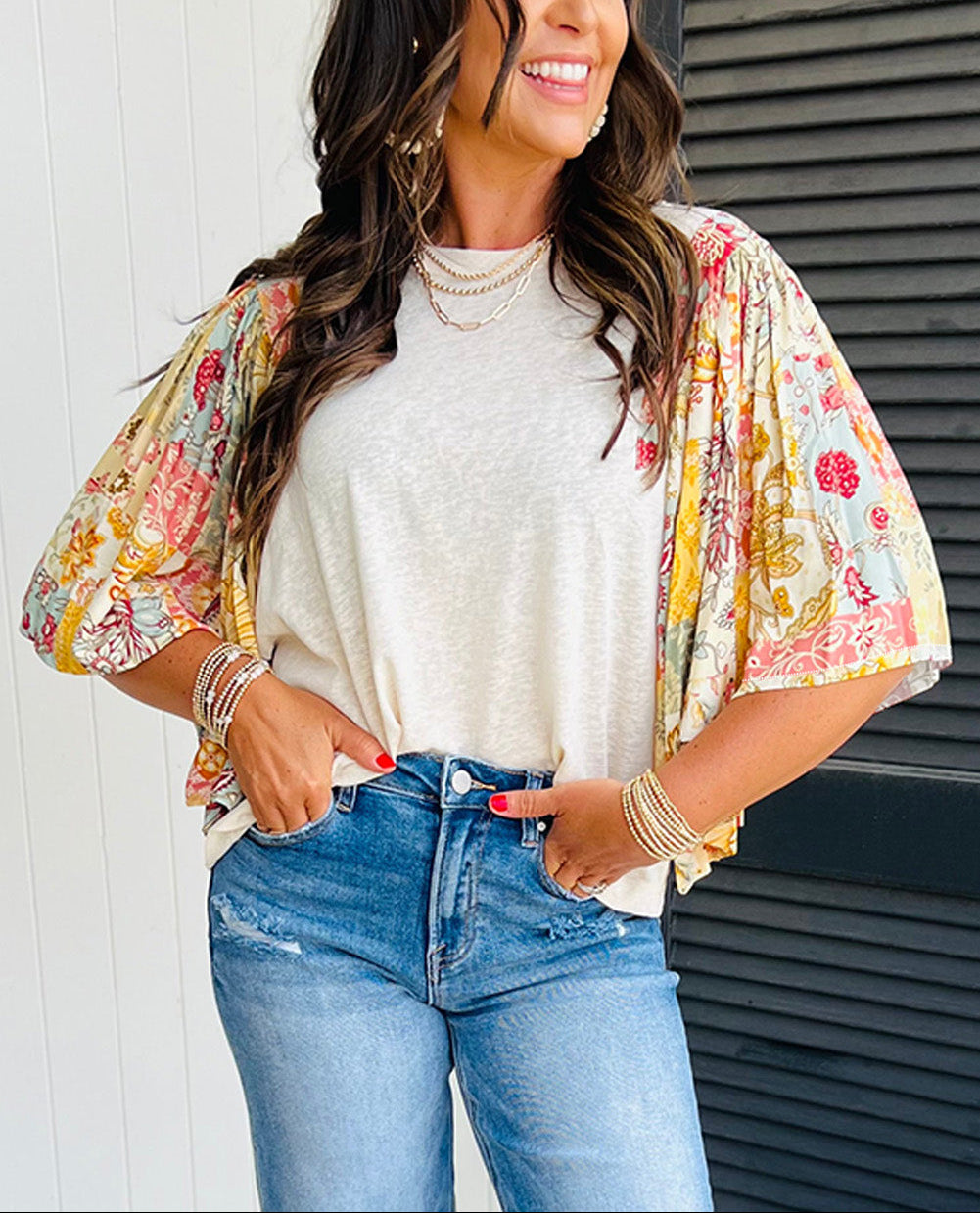Beige Floral Patchwork Batwing Sleeve Round Neck Blouse