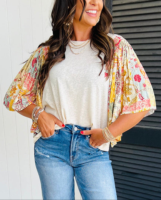 Boho Floral Patchwork Batwing Sleeve Casual Blouse Top