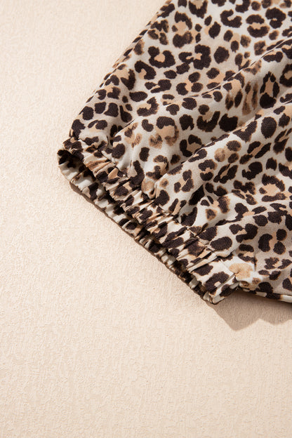 Leopard Print V Neck Contrast Trim Puff Sleeve Blouse