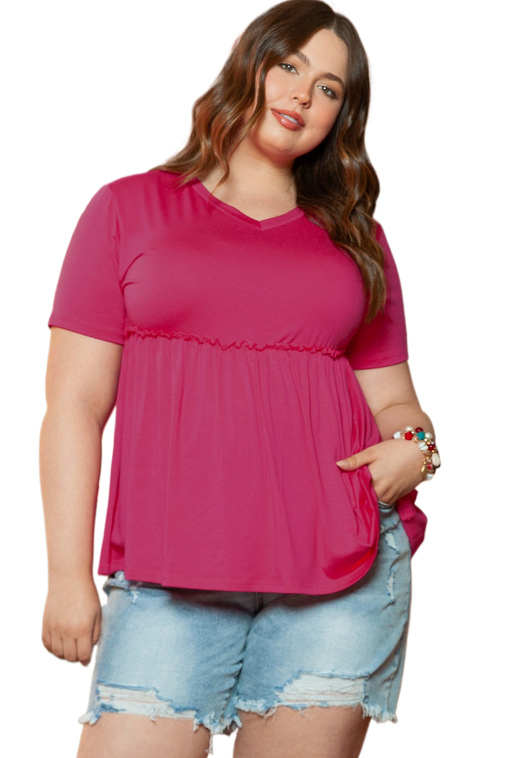 Rose Red Solid Short Sleeve Flowy Plus Size Top