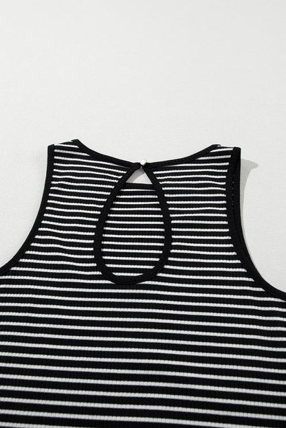 Black White Striped Ribbed Knit Sleeveless Tank Top