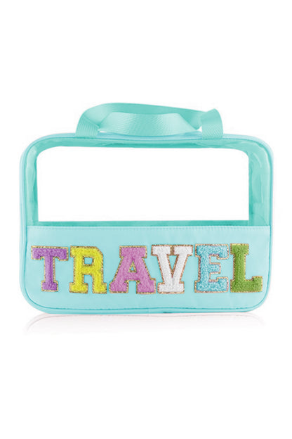 Light Pink TRAVEL Chenille Letter Clear PVC Makeup Bag