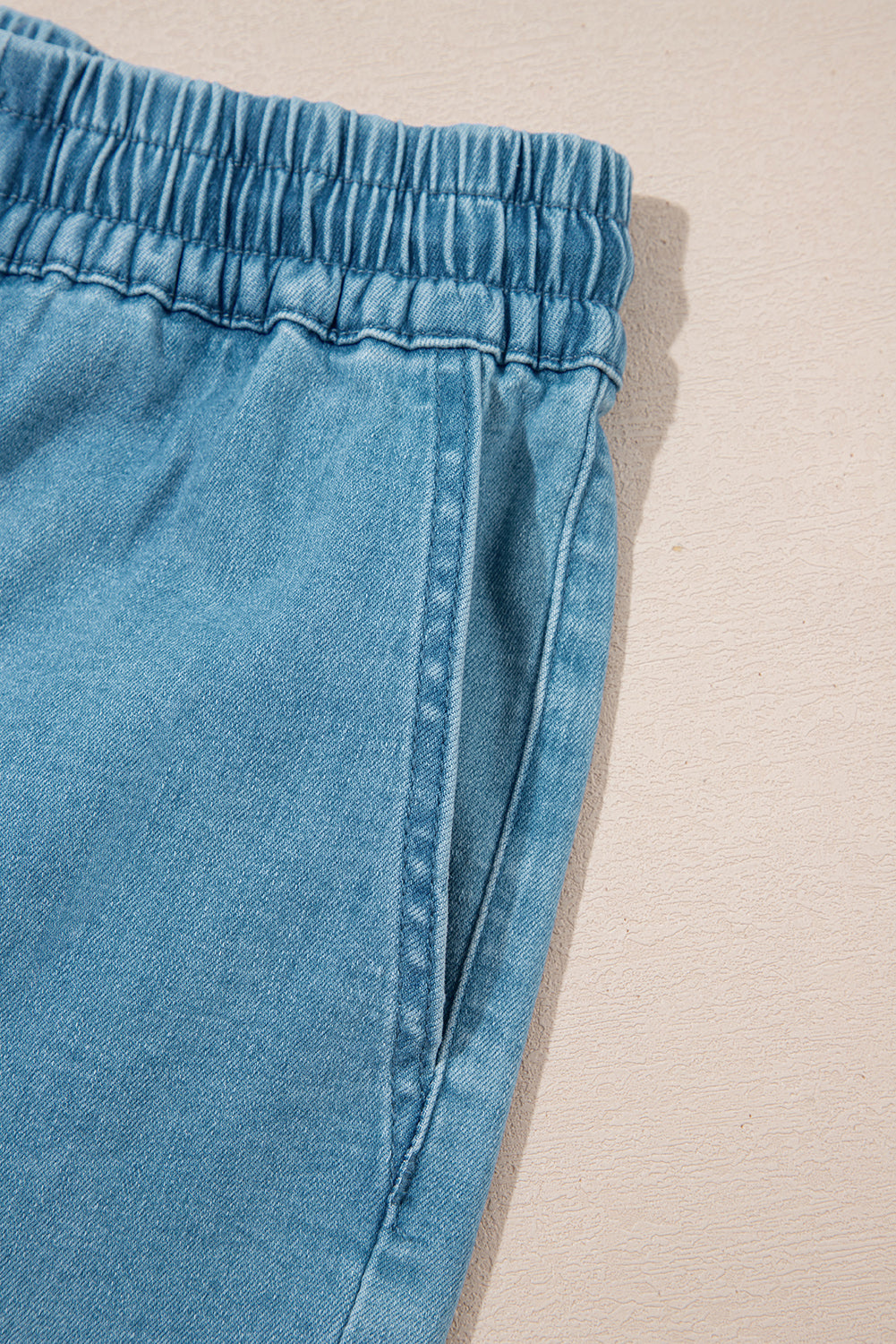Light Wash Drawstring Denim Shorts Elastic Waist Pockets