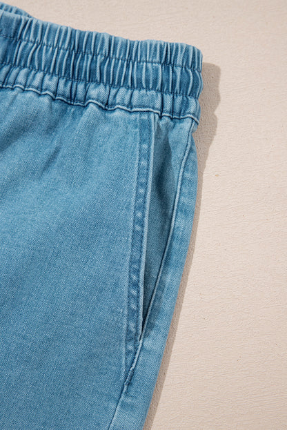 Light Wash Drawstring Denim Shorts Elastic Waist Pockets