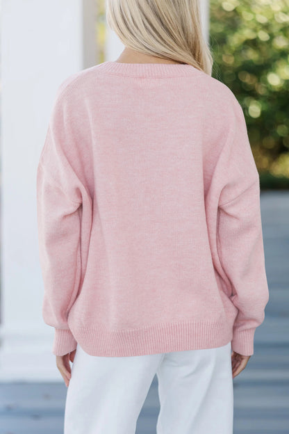 Valentine Pink Love Script Corded Knit Sweater
