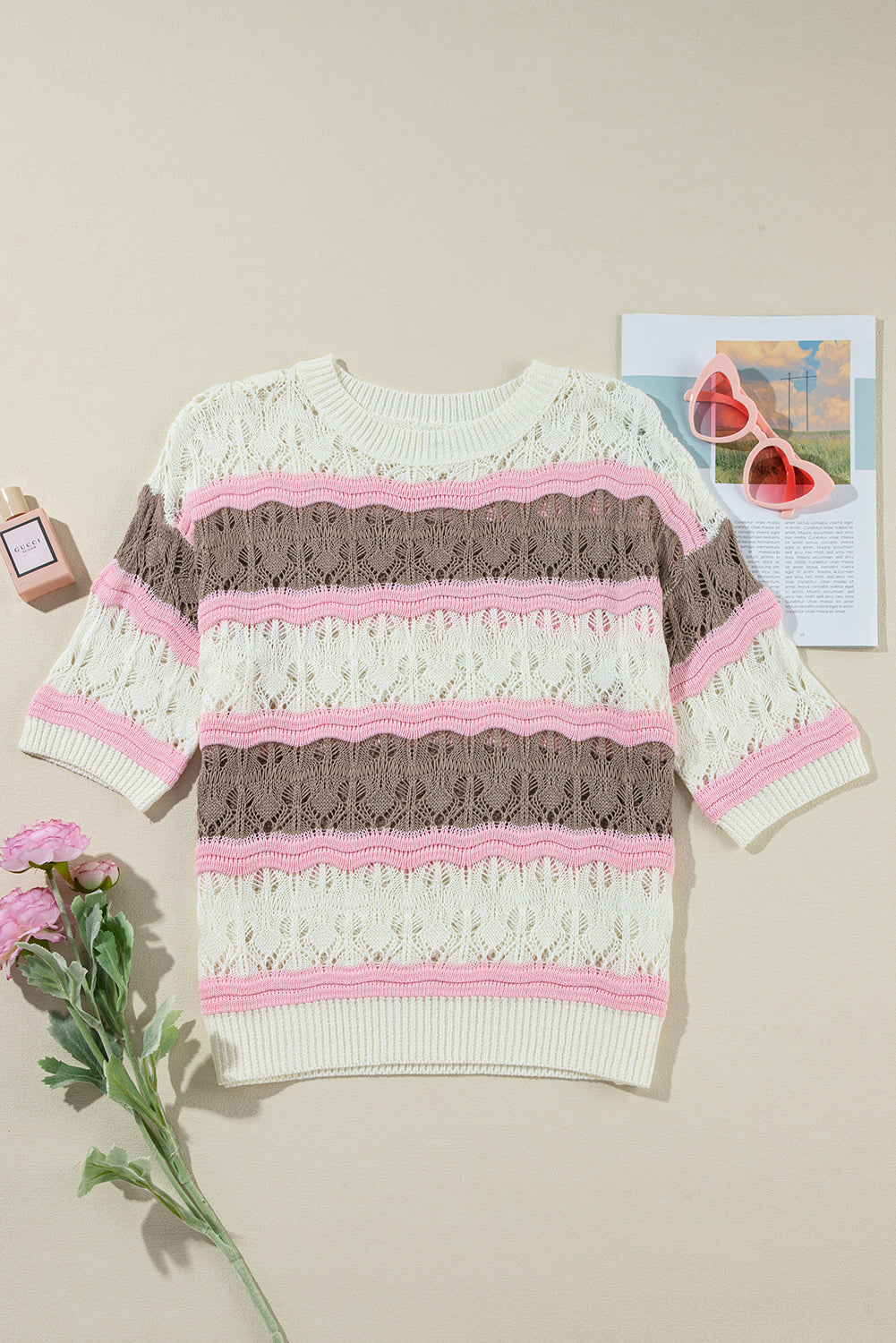 Purple Stripe Color Block Hollow Out Crochet Half Sleeve Sweater