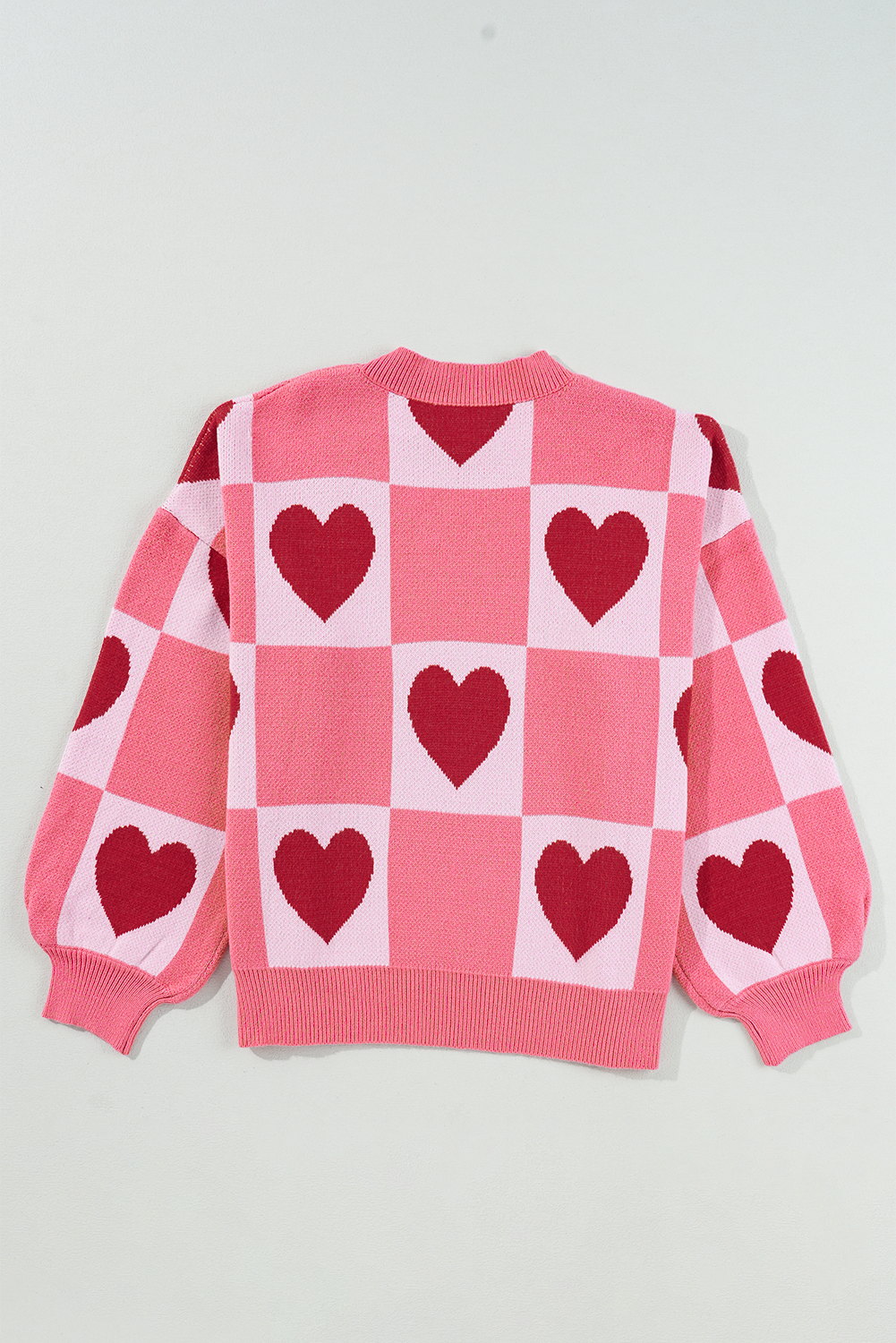 Pink Heart Checker Valentine Mock Neck Lantern Sleeve Sweater