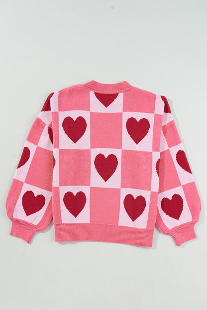 Pink Heart Checker Valentine Mock Neck Lantern Sleeve Sweater
