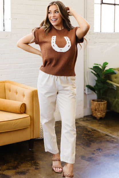 Western Horseshoe Knit Sweater Tee Short Sleeve Pullover