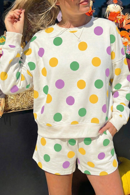 Pink Polka Dot Drop Shoulder Pullover Shorts Set