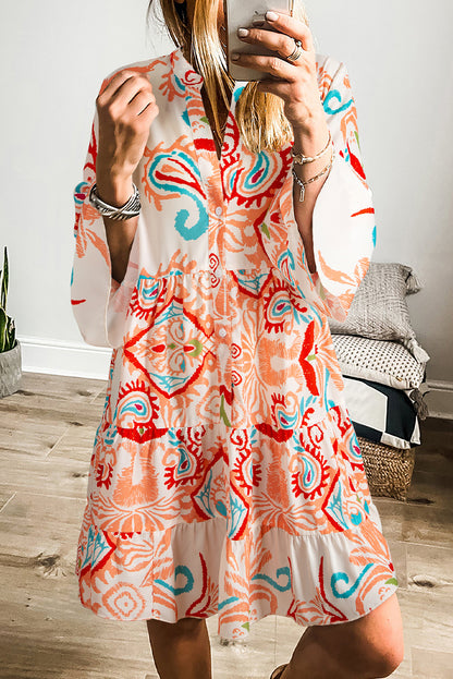 Boho Print Tiered Bell Sleeve Button Front Mini Dress
