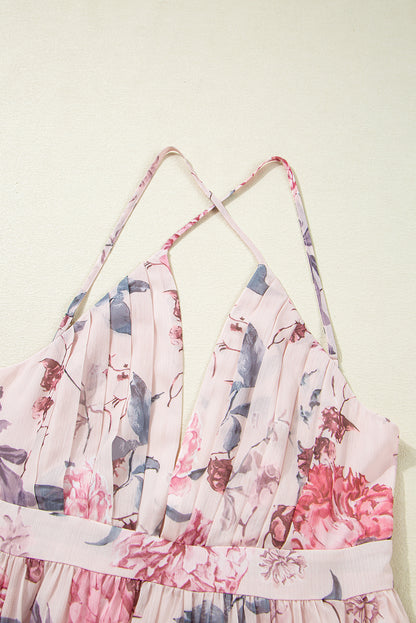 Floral V Neck Maxi Dress Backless Boho Vacation Dress