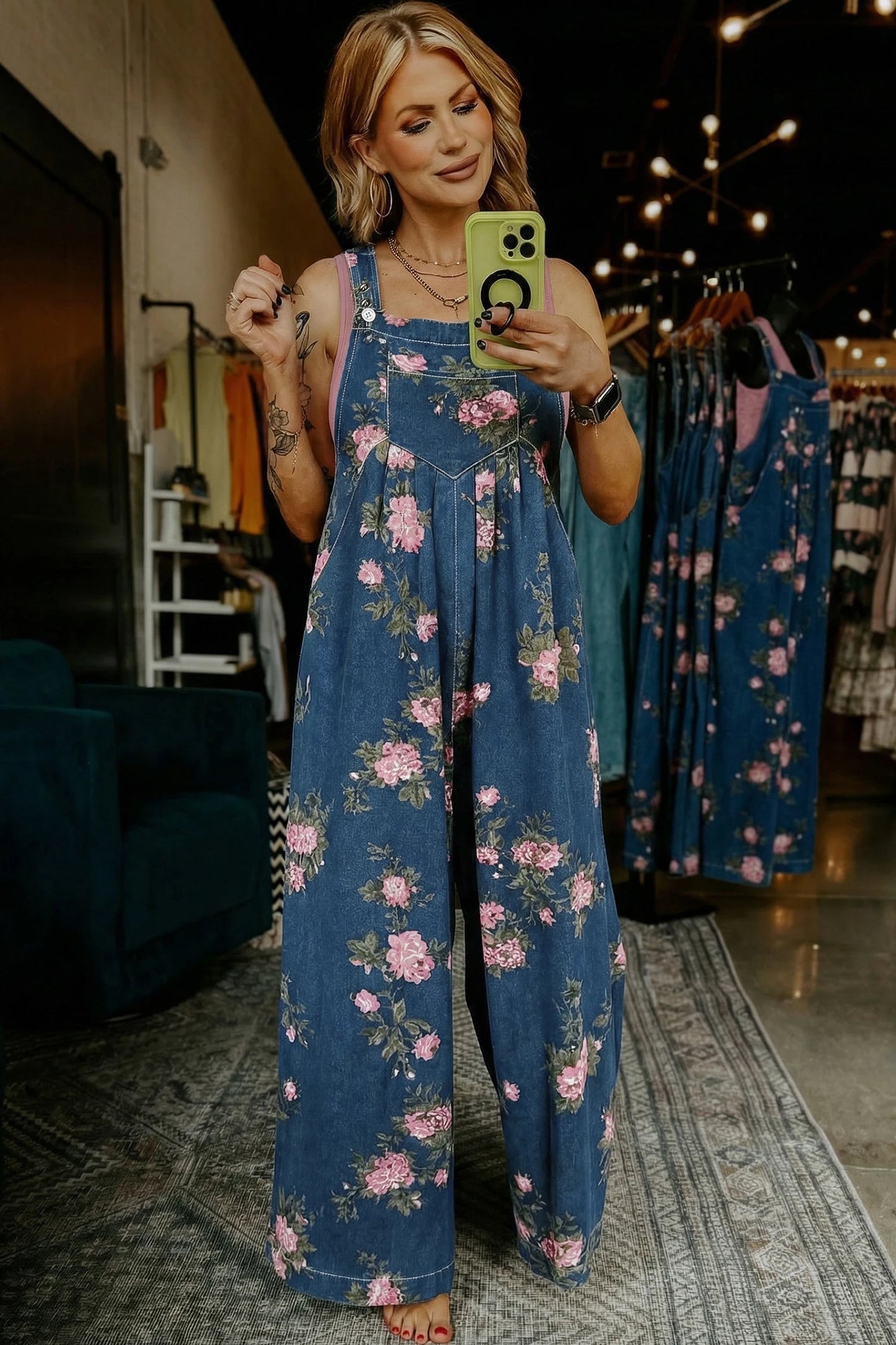 Blue Floral Wide Leg Denim Jumpsuit with Adjustable Straps