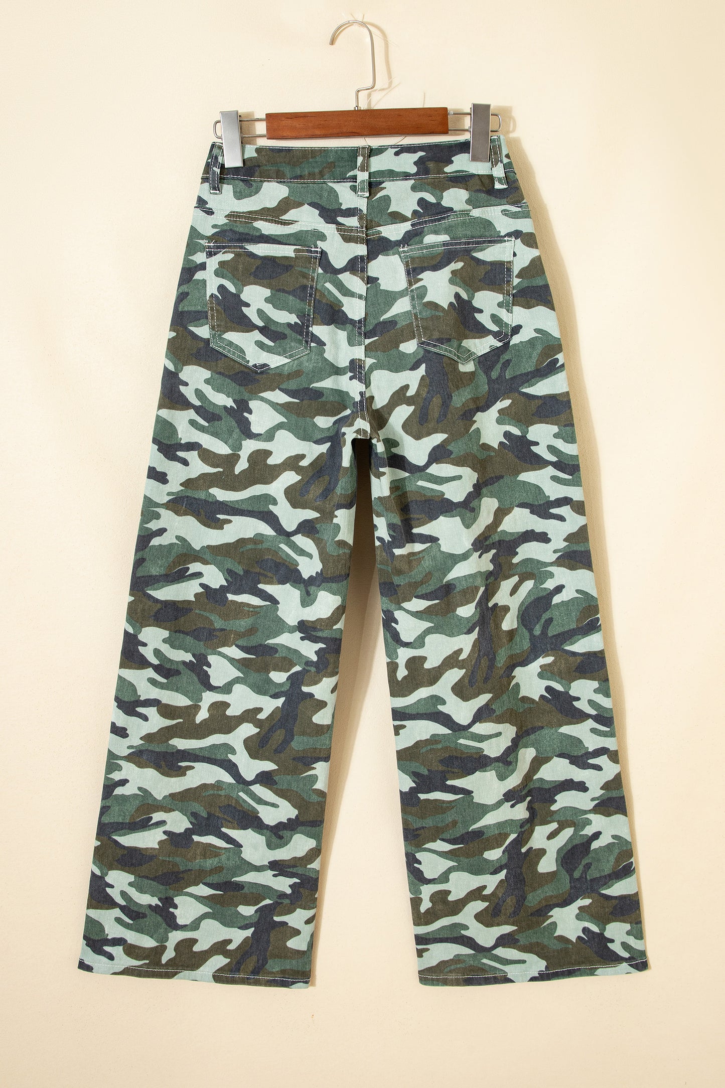Green Camo Print Wide Leg Drawstring Denim Pants