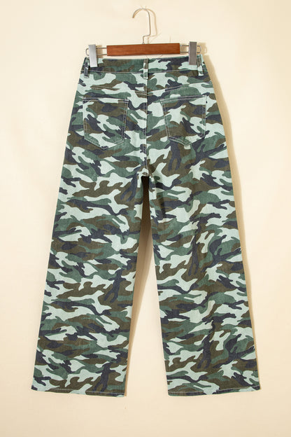 Green Camo Print Wide Leg Drawstring Denim Pants