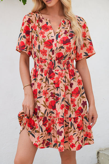 Boho Floral V Neck Smocked Waist Mini Dress