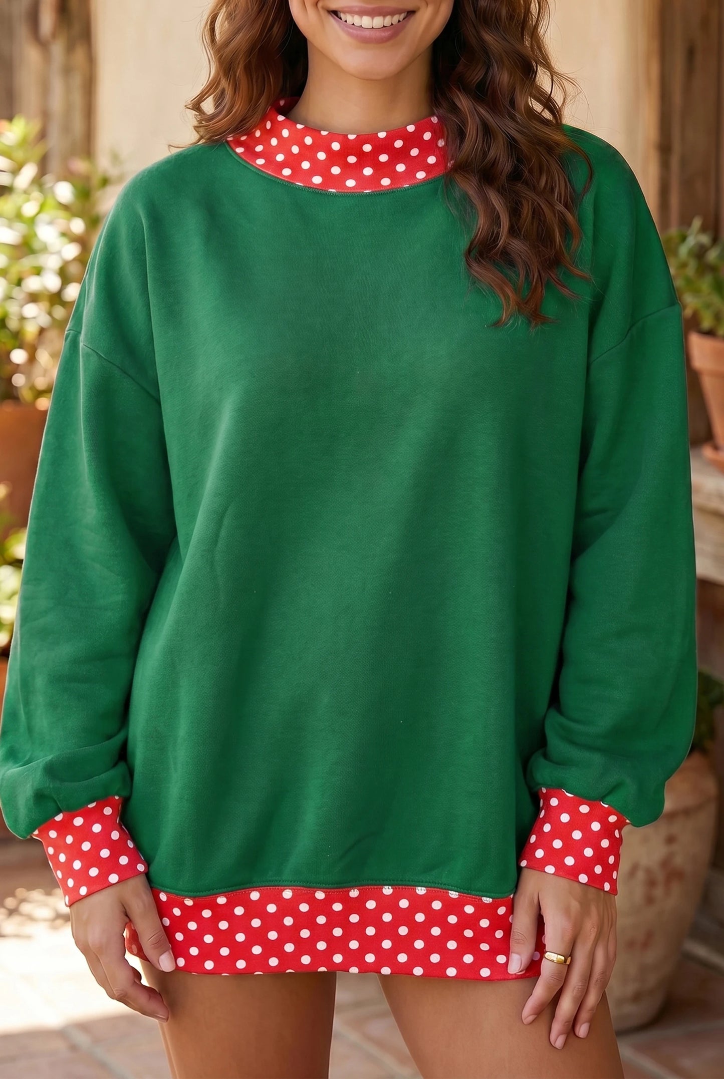 Red Polka Dot Trim Oversized Colorblock Sweatshirt