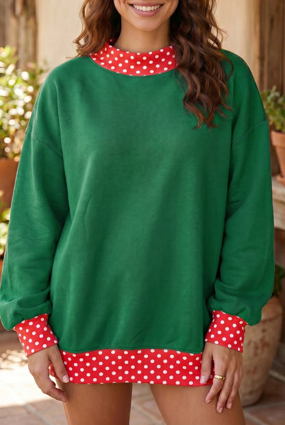 Red Polka Dot Trim Oversized Colorblock Sweatshirt