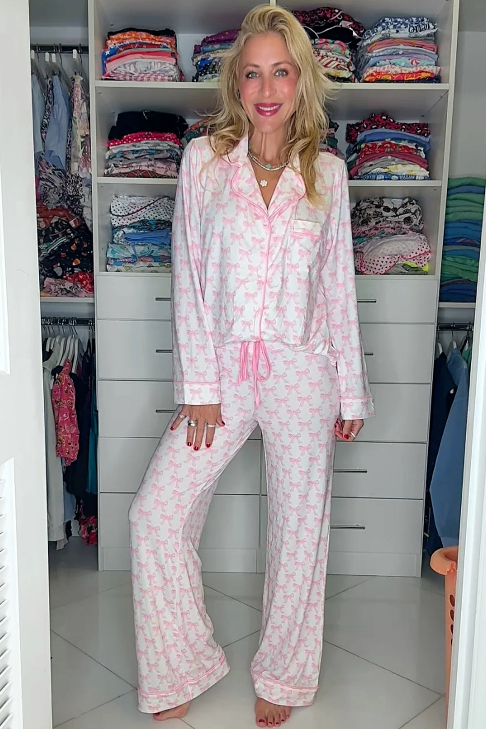 Soft Bow Print Long Sleeve Pajama Set with Pants