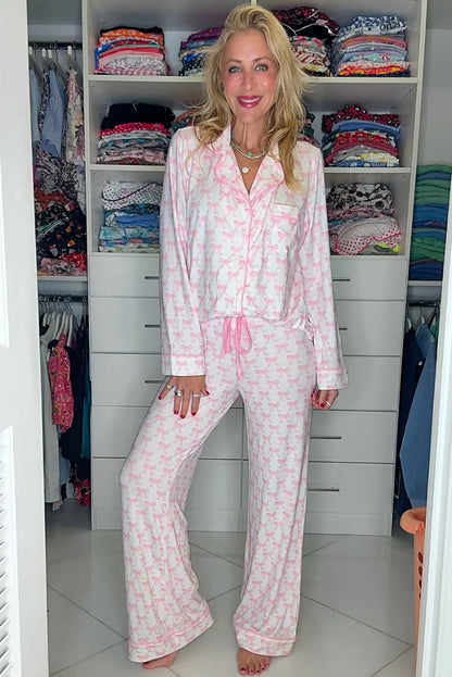 Soft Bow Print Long Sleeve Pajama Set with Pants