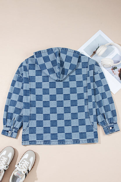 Sky Blue Checkerboard Quarter Zip Denim Hoodie with Pocket