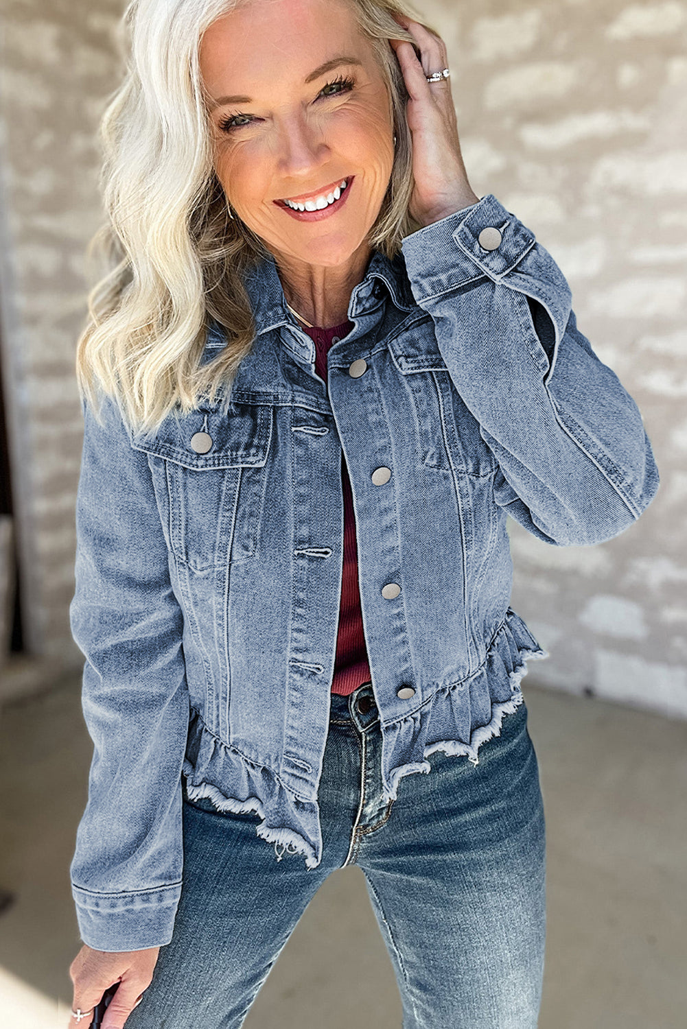 Beau Blue Ruffle Raw Hem Flap Pocket Denim Jacket
