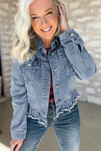 Beau Blue Ruffle Raw Hem Flap Pocket Denim Jacket