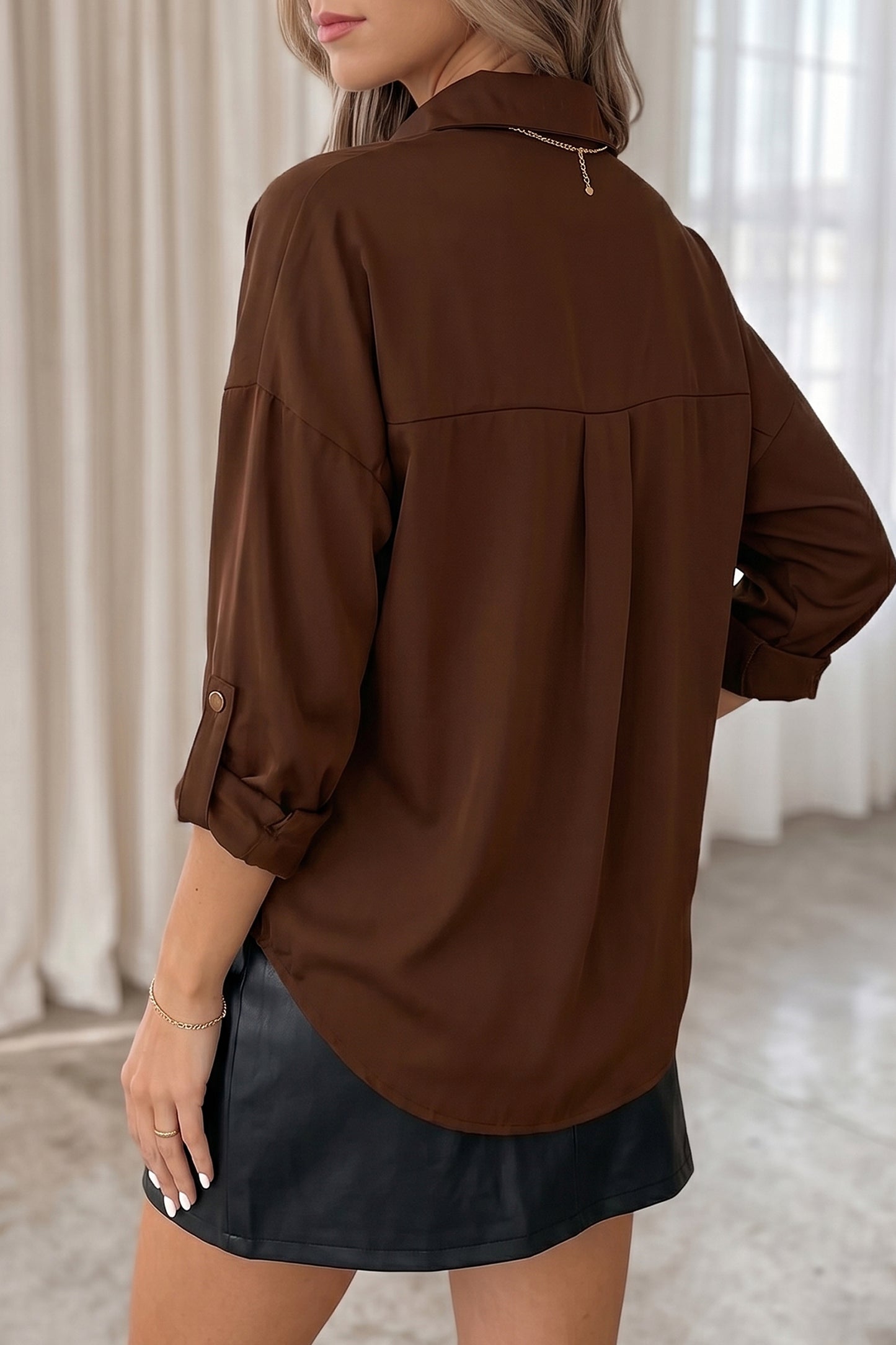 Coffee Multi Button Decoration Tab Long Sleeve Casual Shirt