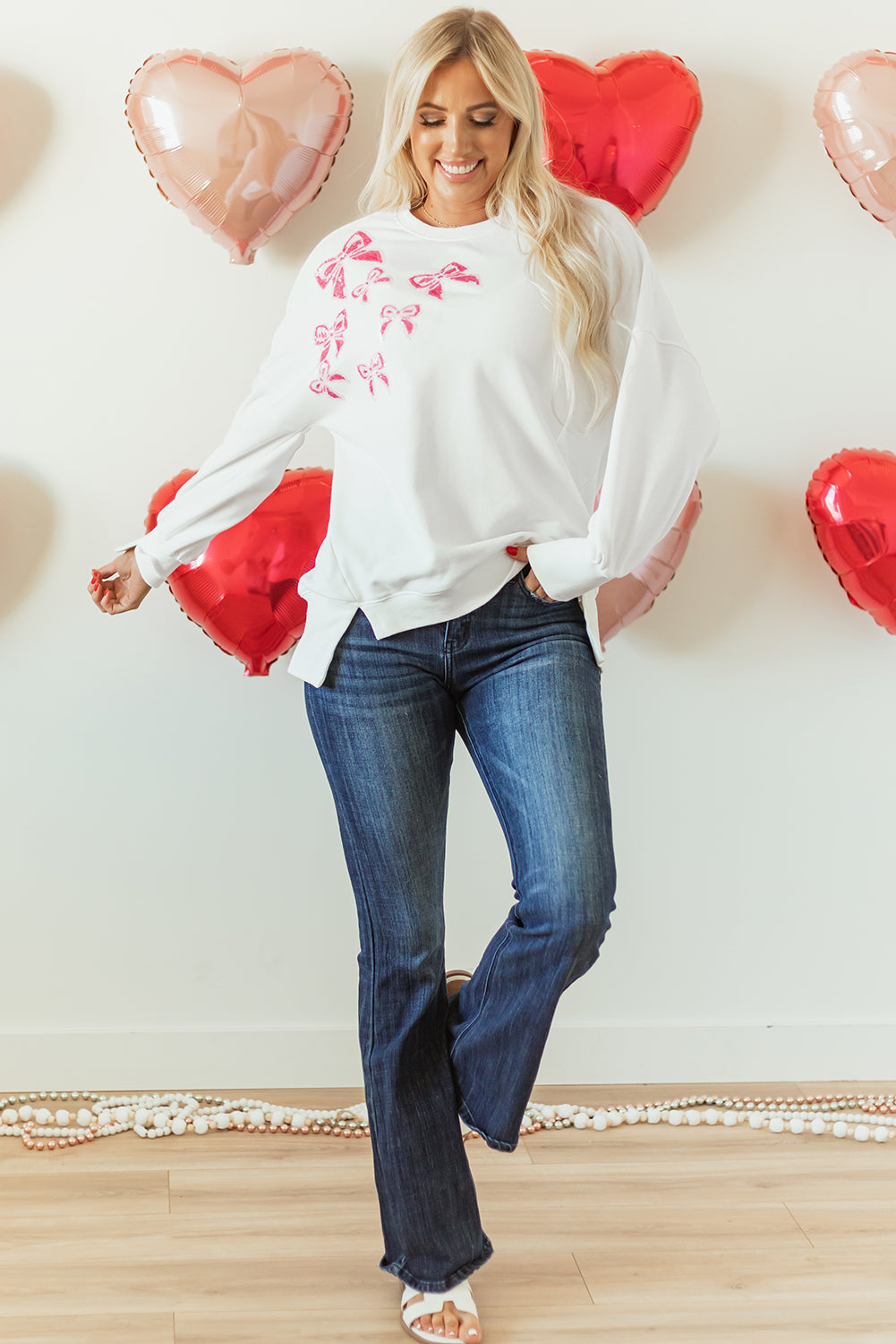 White Sequin Bowknot High Low Oversize Sweatshirt