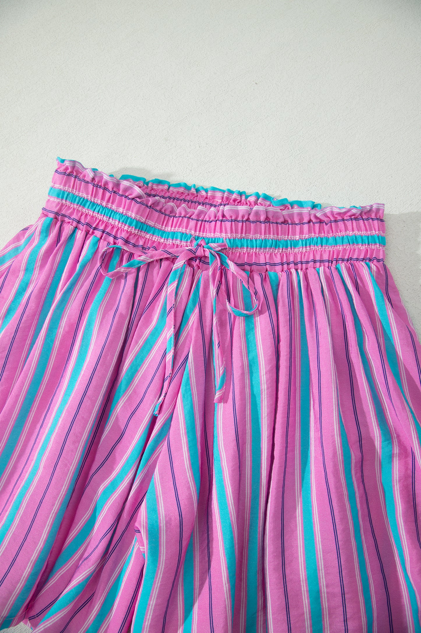 Pink Stripe Puff Sleeve Two Piece Shorts Set