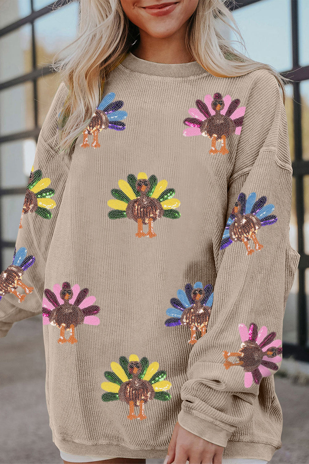 Sequined Turkey Corded Oversized Thanksgiving Sweatshirt