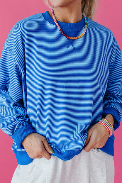 Women's Blue Striped Oversized Crewneck Sweatshirt
