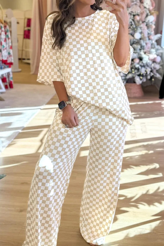 Khaki Checkered Short Sleeve Tee and Wide Leg Pant Set