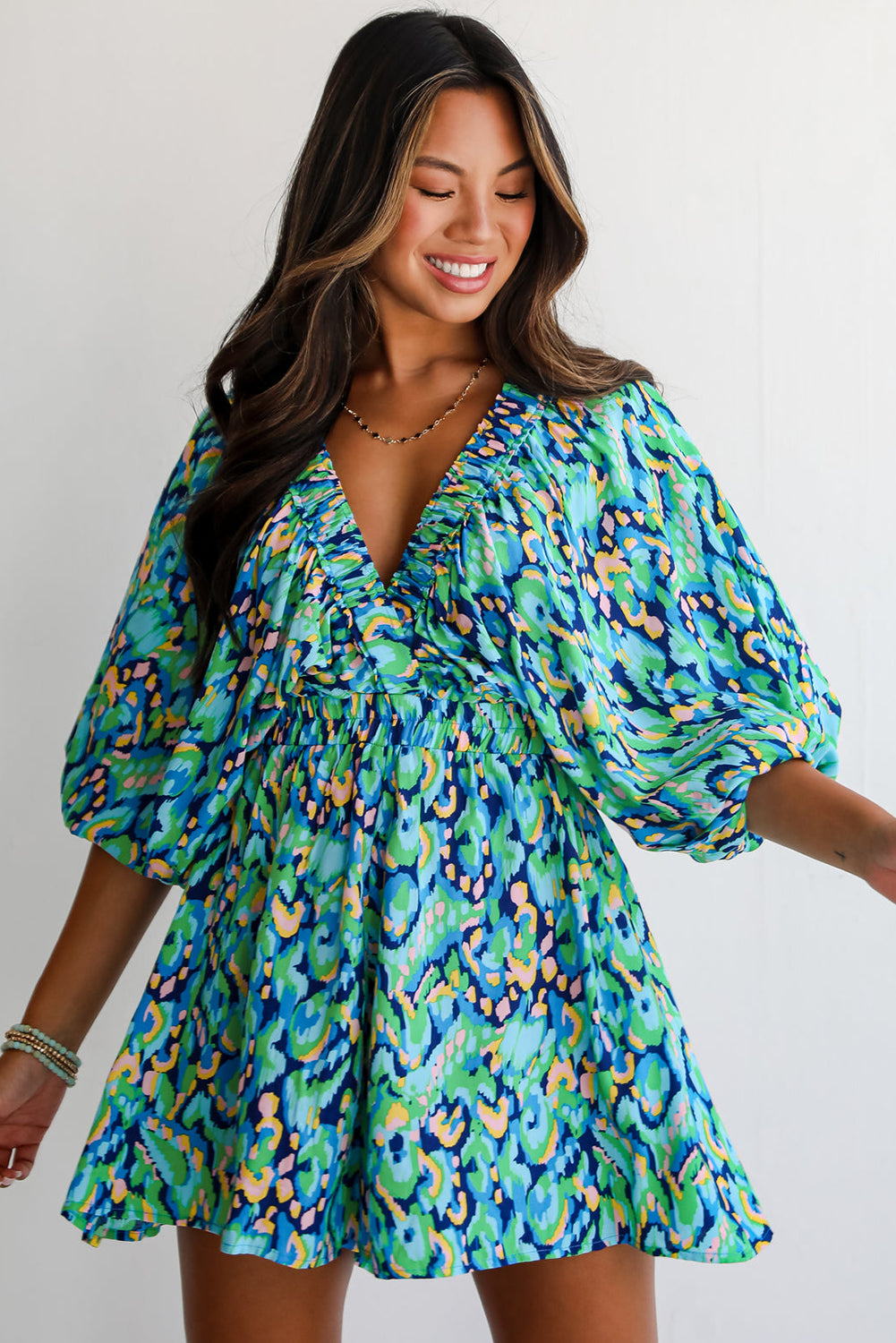 Green Abstract Print V Neck Puff Sleeve Smocked Romper