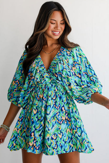Green Abstract Print V Neck Puff Sleeve Smocked Romper
