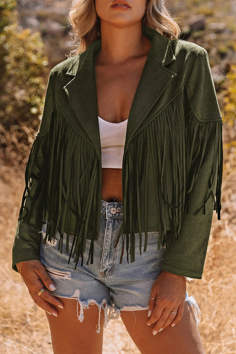 Women Fringe Faux Suede Cropped Jacket Western Style