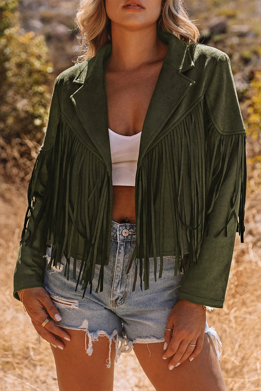 Women Fringe Faux Suede Cropped Jacket Western Style