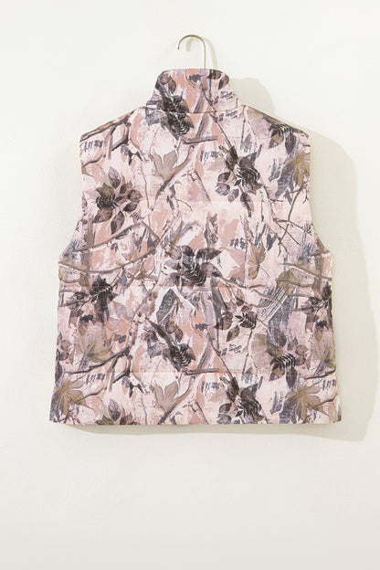 Brown Camo Leaf Print Lightweight Winter Puffer Vest