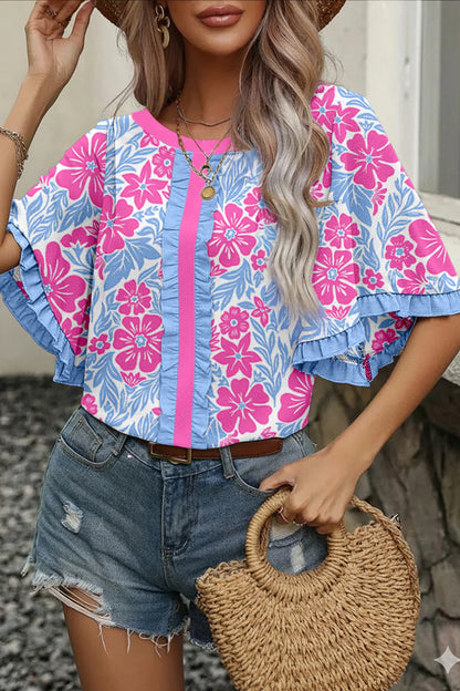 Sky Blue Floral Ruffle Sleeve Boho Blouse