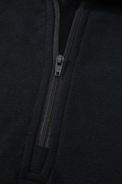 Black Quarter Zip Stand Neck Kangaroo Pocket Sweatshirt