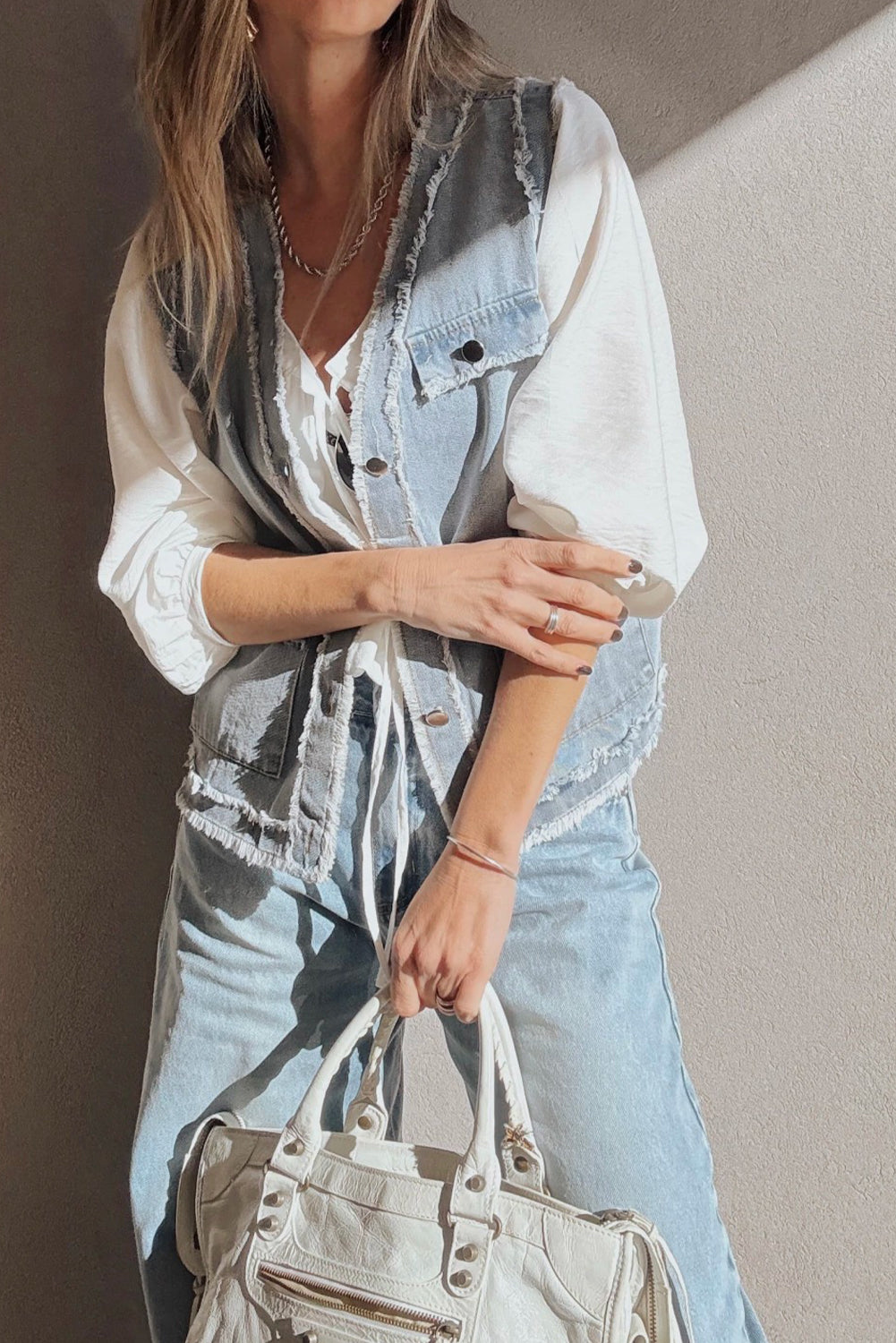 Light Wash Frayed Edge Flap Pocket Button Down Denim Vest