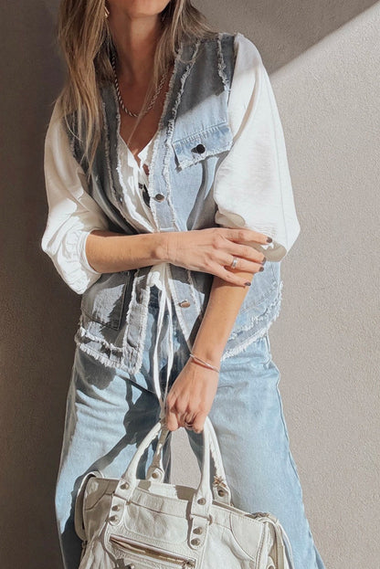 Light Wash Frayed Edge Flap Pocket Button Down Denim Vest