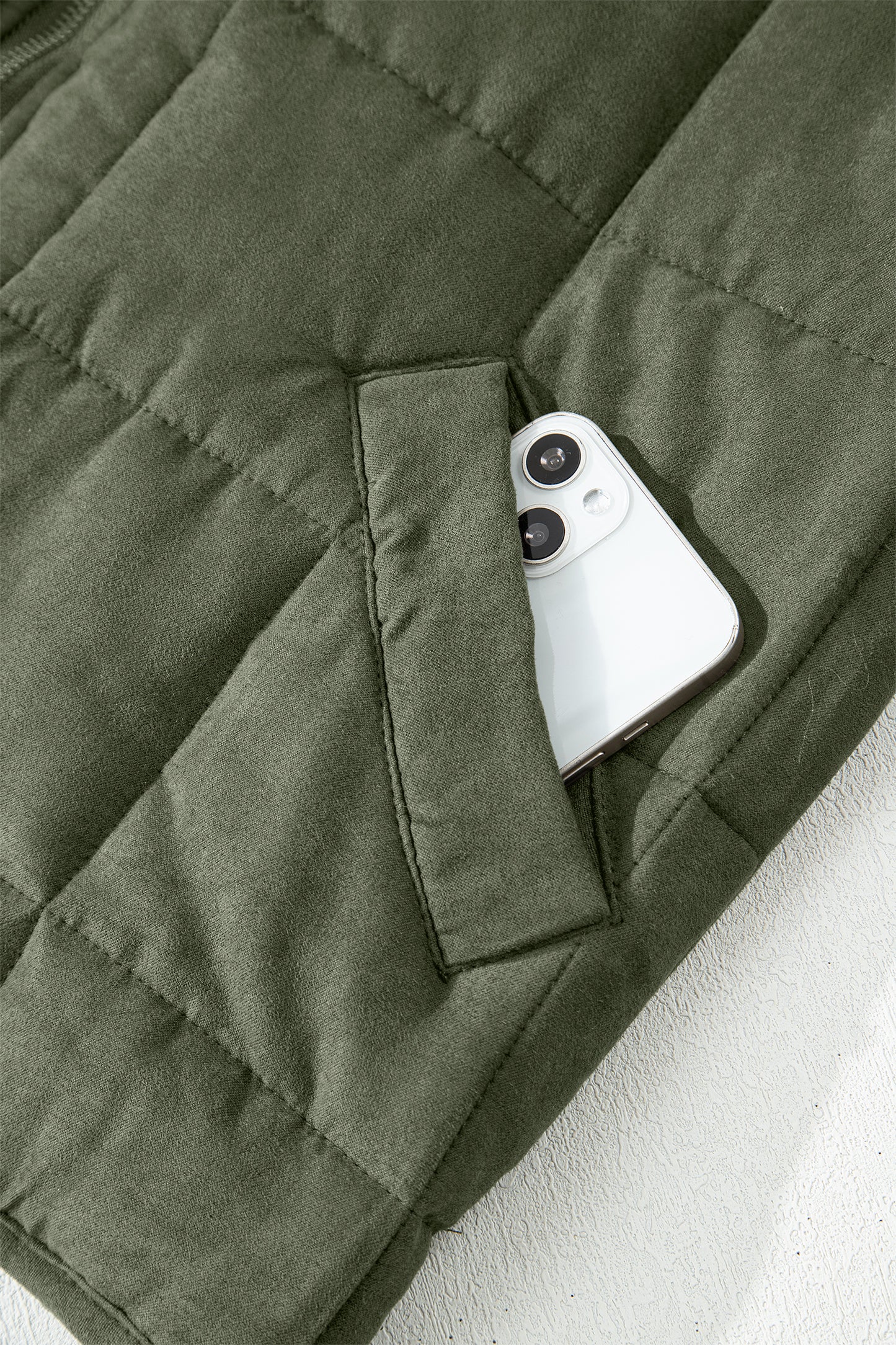 Olive Green Quilted Zip-Up Jacket with Pockets