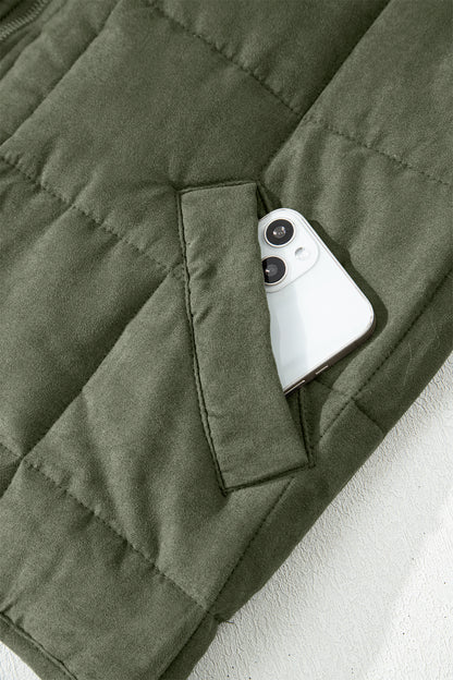Olive Green Quilted Zip-Up Jacket with Pockets