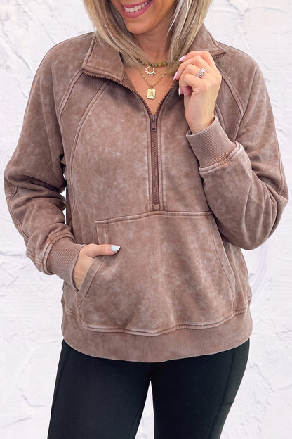 Chestnut Vintage Half-Zip Long Sleeve Ribbed Cuffs Hem Shift Silhouette Sweatshirt
