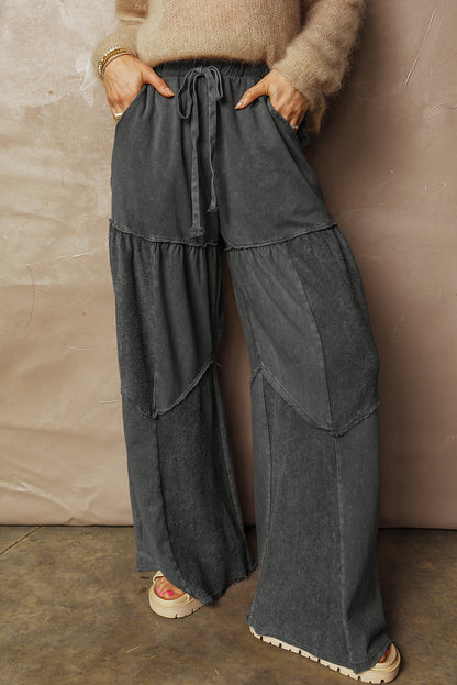 Women's Black Mineral Wash Wide Leg Patchwork Pants
