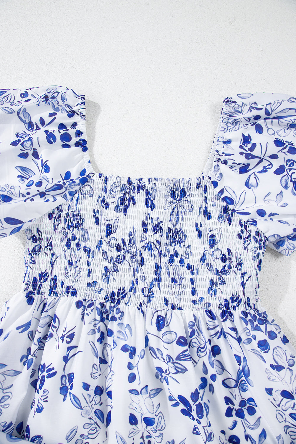 Blue Floral Square Neck Smocked Maxi Dress