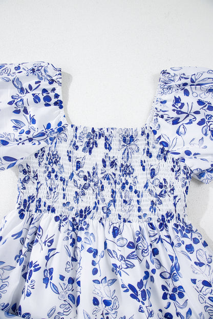 Blue Floral Square Neck Smocked Maxi Dress